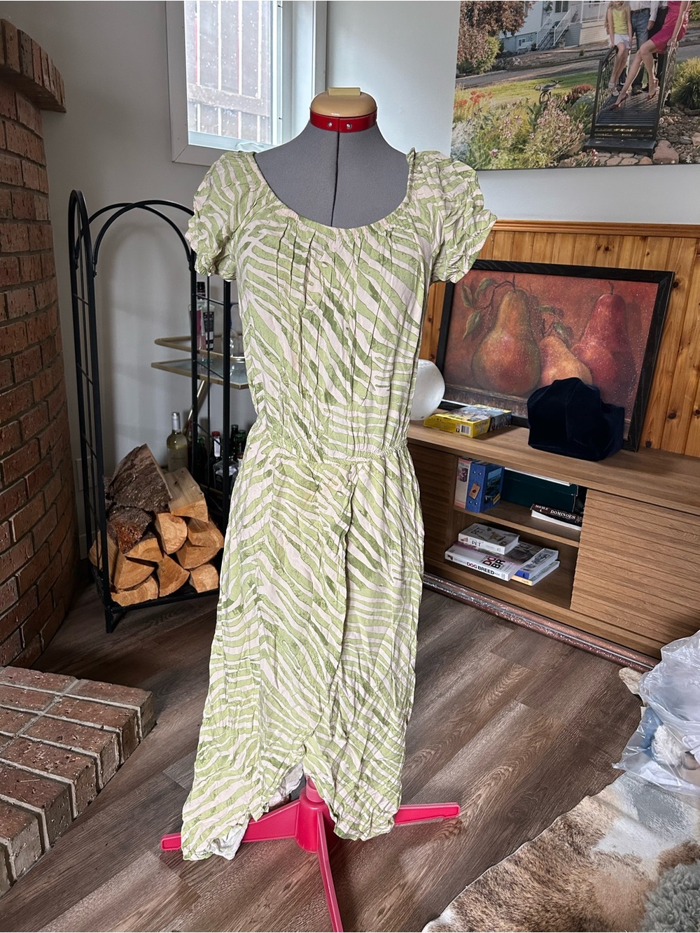 Green Striped Midi Dress with Puff Sleeves